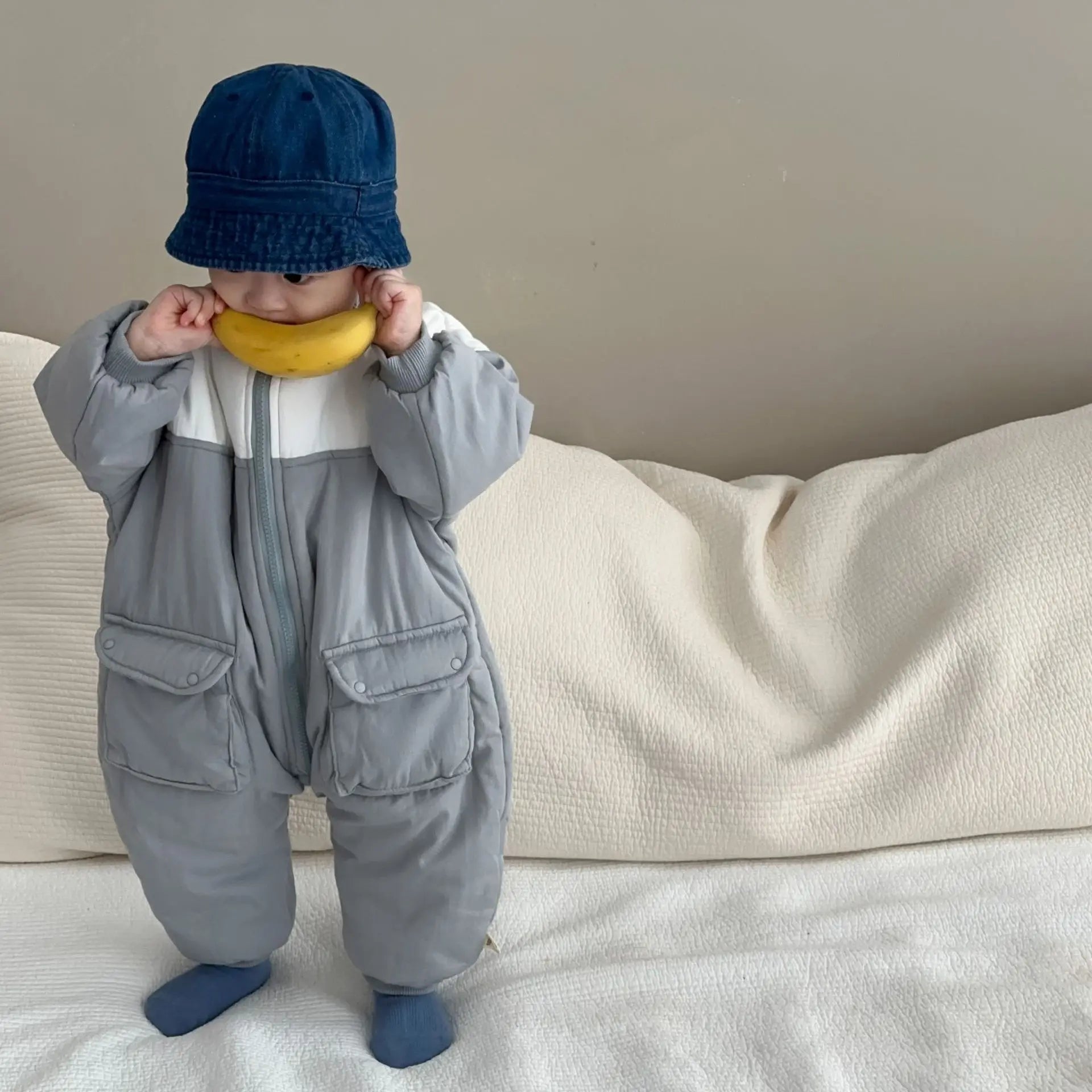 アウタージャンプスーツ Blue / 6M  66CM ベビーアウタージャンプスーツ パッチワーク切り替えパデッドジップアップ長袖ロンパース【mh0007823】