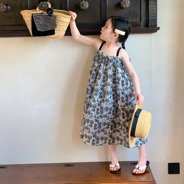 ノースリーブワンピース Blue / 7(3-4Y) 90cm キッズワンピース キャミソールサマードレス フラワー花柄プリント【mh0005722】