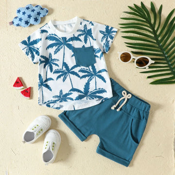 半袖セットアップ blue / 70 for0-6M キッズセットアップ 2点セット 半袖Tシャツ+ショートパンツ リゾートスタイル ヤシの木プリント ブルー/グリーン/2カラー