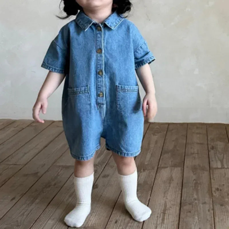 半袖ジャンプスーツ Blue / 70cm キッズジャンプスーツ デニム 半袖つなぎ ショートジャンプスーツ 2カラー【mh0006051】