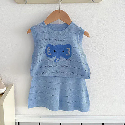 ノースリーブセットアップ Blue / 73cm キッズセットアップ 2点セット ニットノースリーブベストトップス+ショートパンツ アニマル刺繍 2カラー【mh0005332】