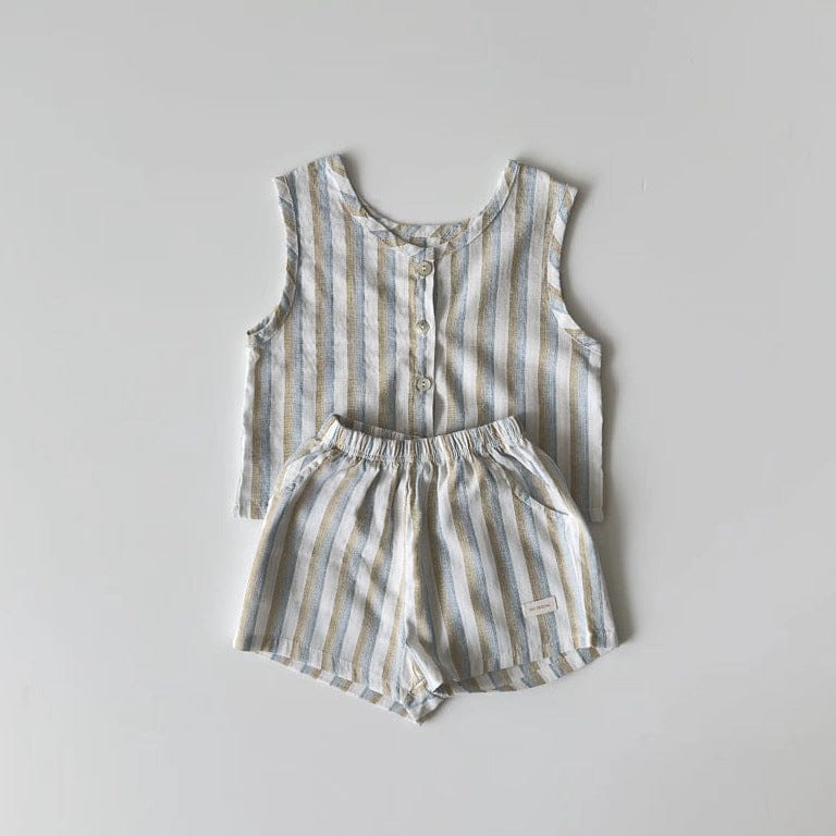 ノースリーブセットアップ Blue / 73cm ストライプノースリーブシャツ+ショートパンツセットアップ 2点セット【mh0010352】