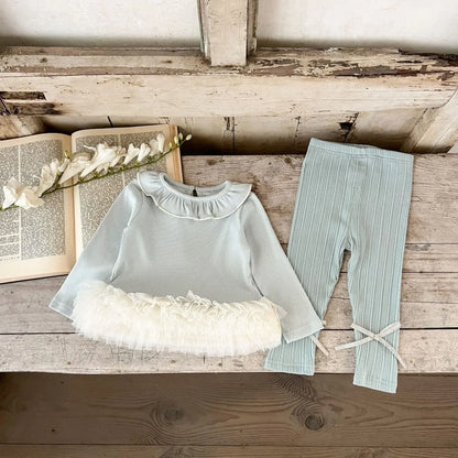 長袖セットアップ Blue / 73cm 6-9M ベビーセットアップ 2点セット 裾チュールフリルペプラム長袖Tシャツ+リボンレギンスパンツ 2カラー【mh0007105】