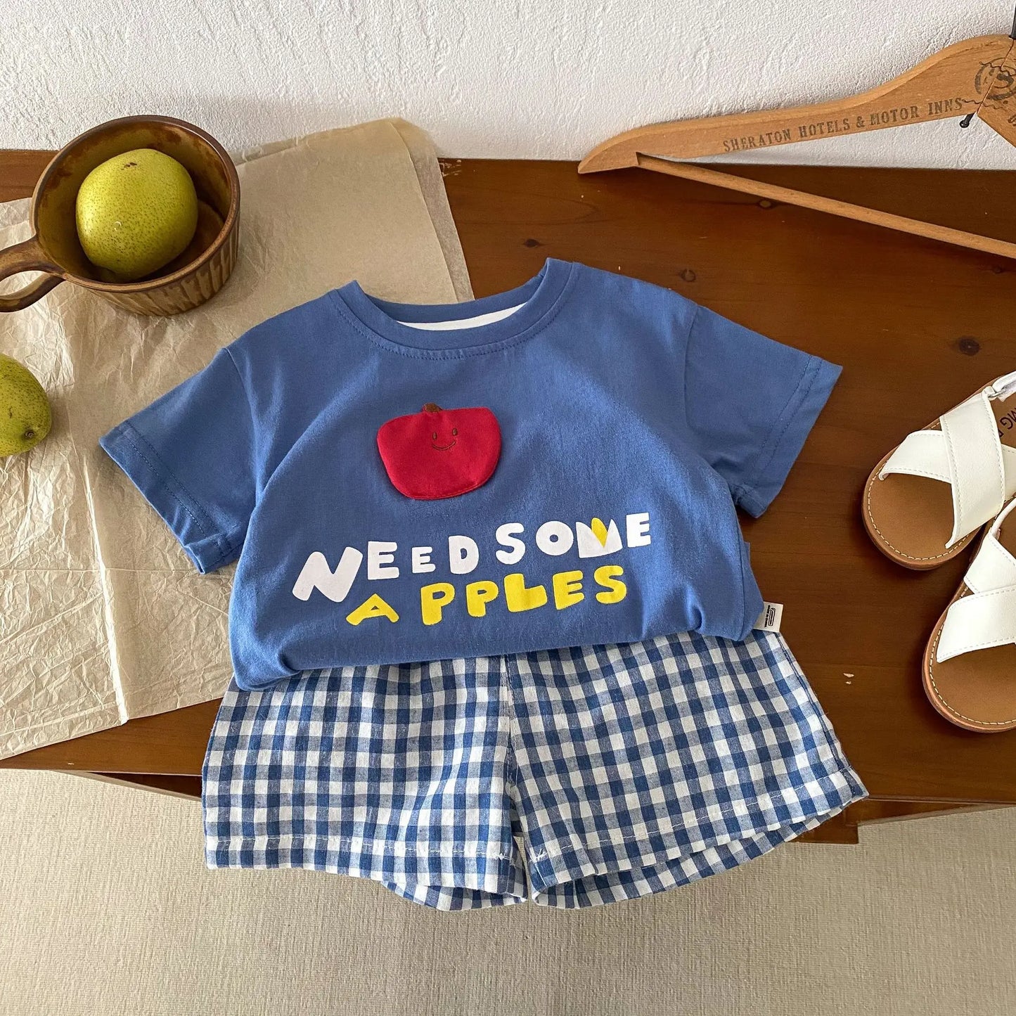 半袖セットアップ blue / 73cm 6-9m ベビーキッズセットアップ 2点セット 半袖アップリケTシャツ+チェックショートパンツ フルーツ 3カラー