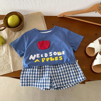 半袖セットアップ blue / 73cm 6-9m ベビーキッズセットアップ 2点セット 半袖アップリケTシャツ+チェックショートパンツ フルーツ 3カラー