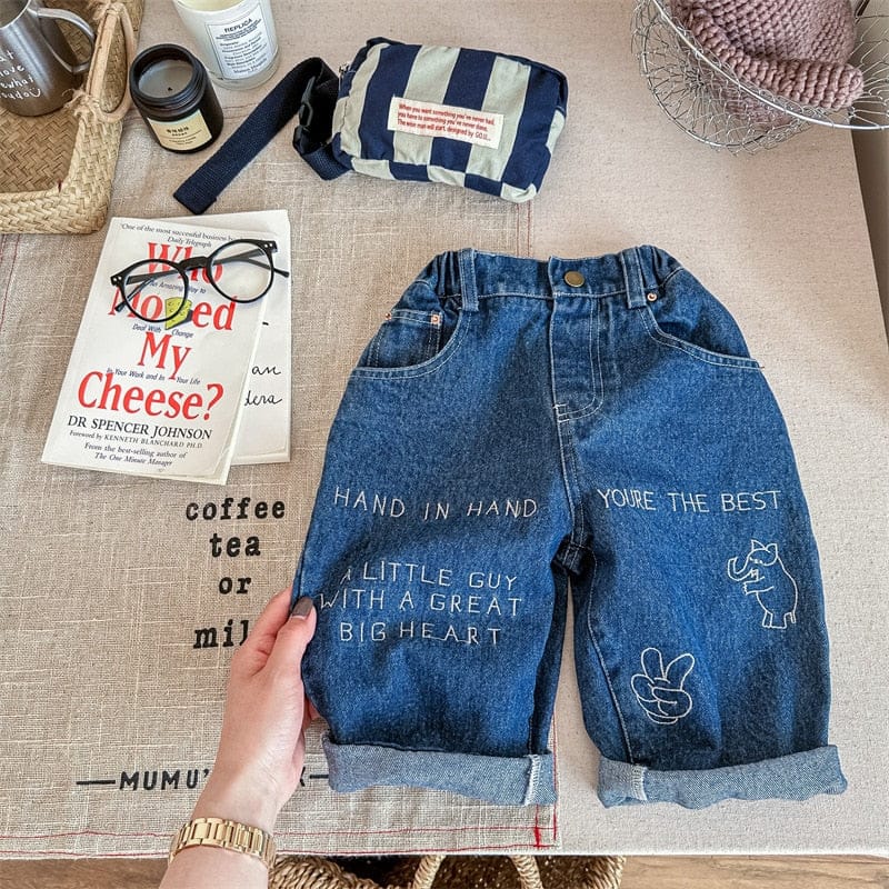 デニムパンツ blue / 80cm キッズ デニム レターロゴ 象 刺繍 ルーズ パンツ ジーンズ ジーパン ボーイズ