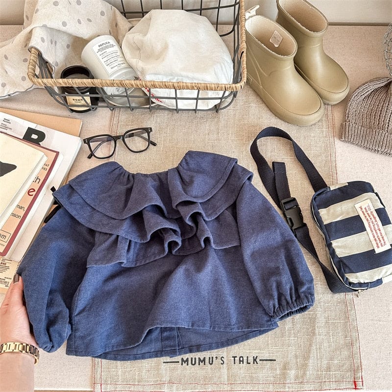 長袖シャツ・ブラウス blue / 80cm キッズ ラッフルフリル ビッグカラー 長袖 スモック チュニック ブラウス トップス ガールズ