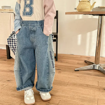 デニムパンツ blue / 80cm キッズパンツ デニムパンツ ジーンズ レターロゴ ジーンズ ブルー/ブラック/2カラー
