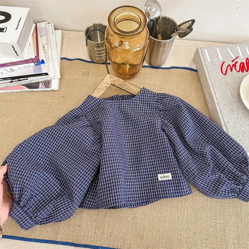 長袖シャツ・ブラウス blue / 80cm キッズトップス 長袖パフスリーブブラウス チュニック チェック柄 ベージュ/ブルー/2カラー