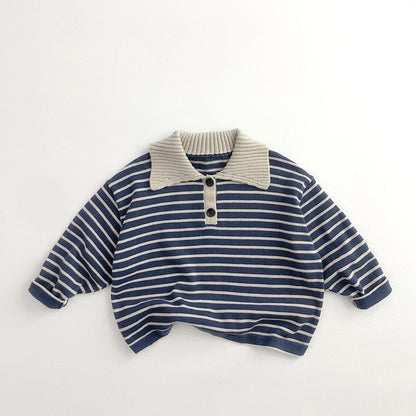 キッズ用ボーダー長袖ポロシャツ 青×白、ベージュの襟付きボタン