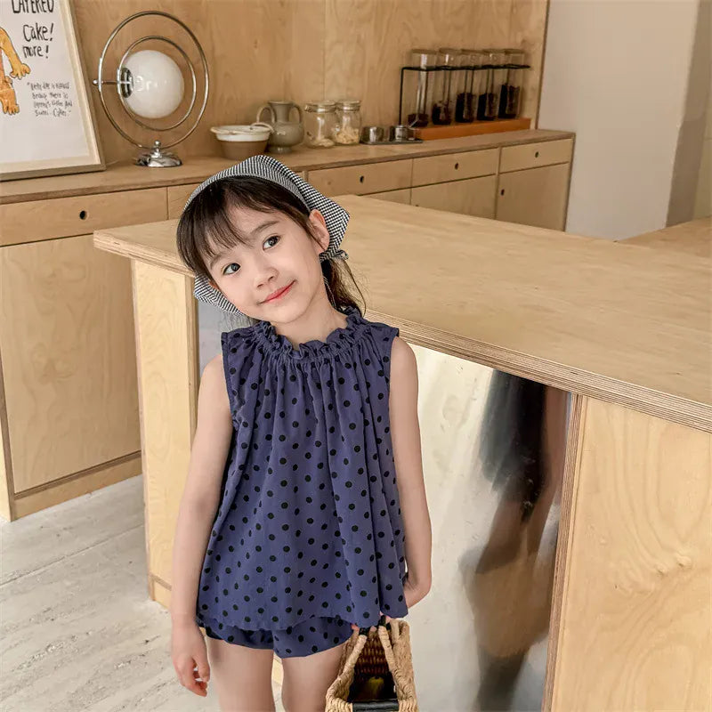 ノースリーブセットアップ blue / 80cm キッズセットアップ 2点セット ノースリーブフリルチュニックブラウス+バルーンショートパンツ ブルマ 水玉ドット 2カラー