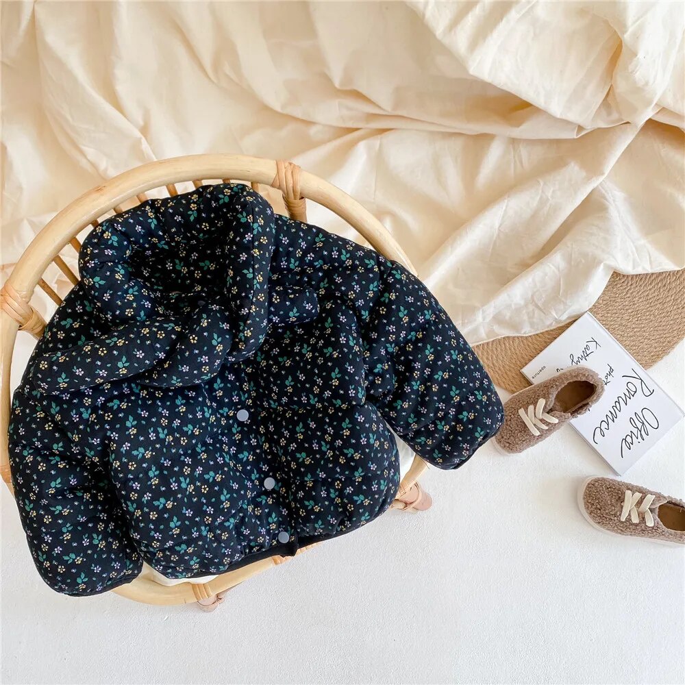 ショートコート・ジャケット・ジャンパー Blue / 80cm キッズアウター コート フラワー 花柄プリント マフラードッキングジャケット 裏ボア ブルー ベージュ 2カラー ガールズ 女の子 子供服【mh0003152】