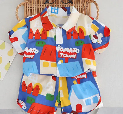 半袖セットアップ blue / 80cm キッズセットアップ 2点セット 半袖アロハシャツ+ショートパンツ 車 キャラクター 総柄プリント【mh0004484】