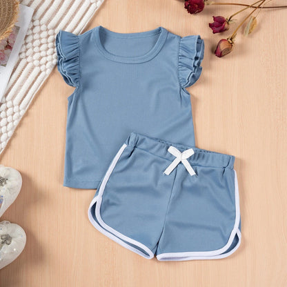 半袖セットアップ Blue / 80cm キッズセットアップ 2点セット フリルスリーブTシャツ+ショートパンツ 4カラー【mh0006103】