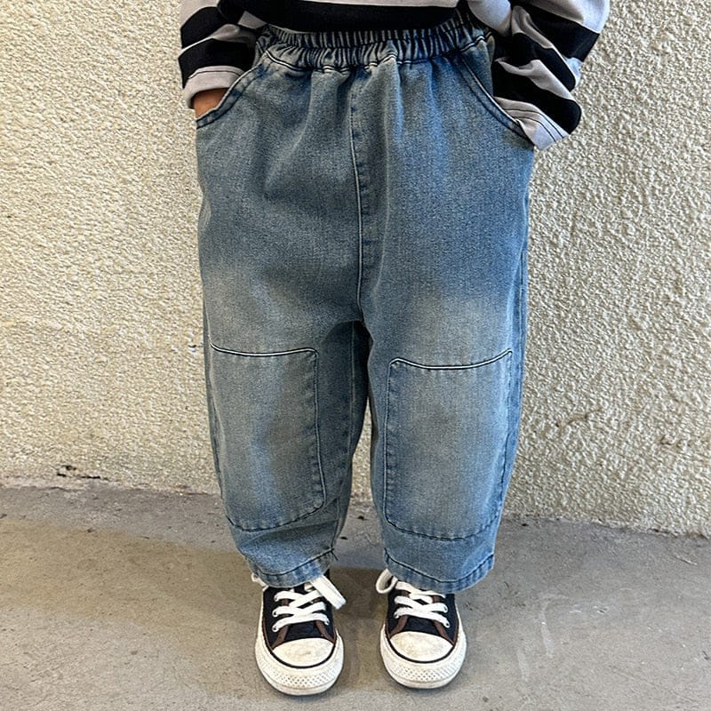 デニムパンツ blue / 80cm キッズ デニム 膝パッチ ルーズ パンツ ジーンズ ジーパン ブルー ブラック ユニセックス 6923