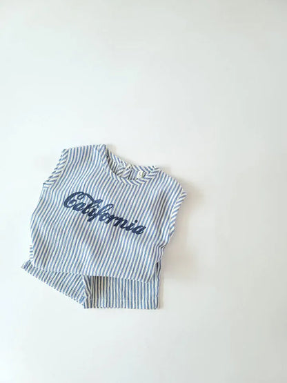 ノースリーブセットアップ blue / 80cm 9-12m キッズセットアップ 2点セット ノースリーブトップス+ハーフパンツ ストライプ レターロゴ 2カラー