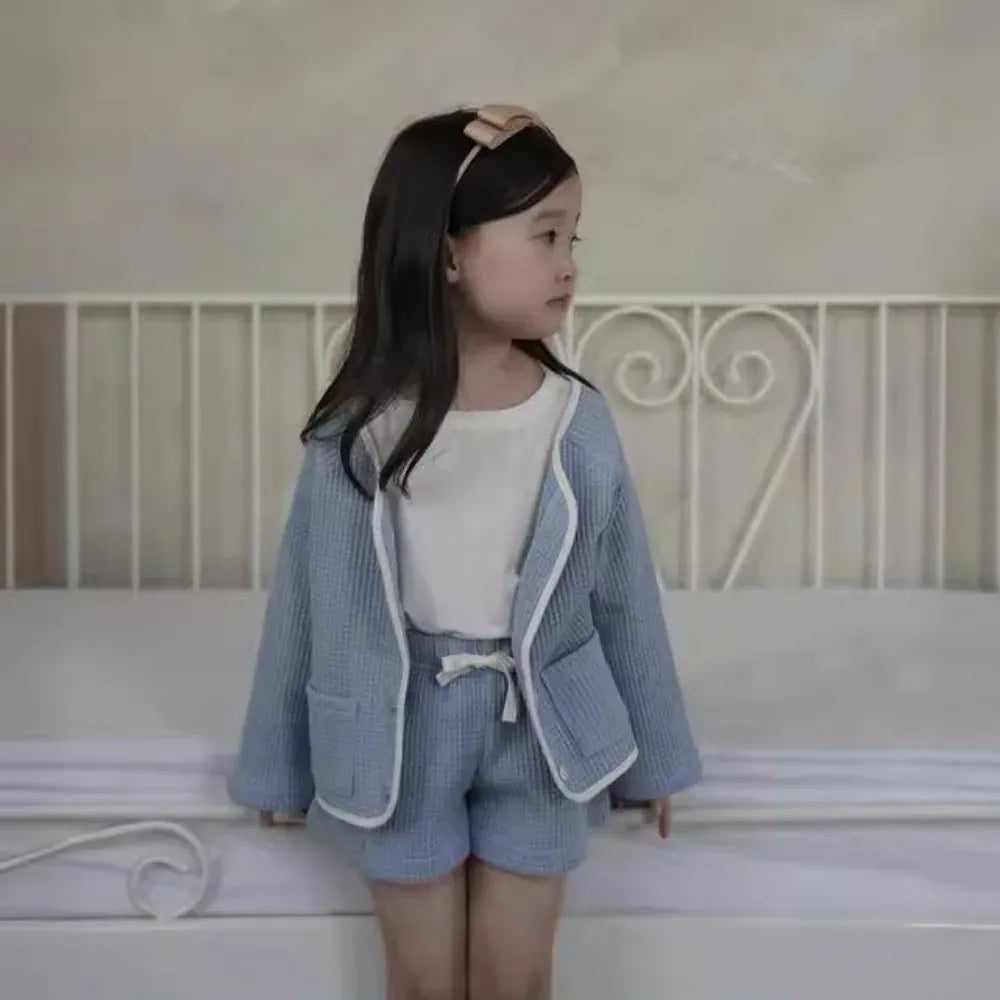 長袖セットアップ Blue / 80cm 9-12M キッズセットアップ 2点セット ワッフルバイピング長袖カーディガン+ショートパンツ 2カラー【mh0007492】