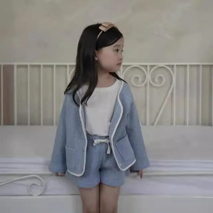 長袖セットアップ Blue / 80cm 9-12M キッズセットアップ 2点セット ワッフルバイピング長袖カーディガン+ショートパンツ 2カラー【mh0007492】