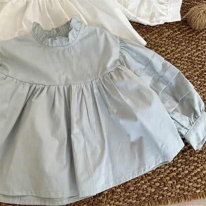 長袖シャツ・ブラウス Blue / 80cm 9-12m / 取り寄せ（7〜35日） キッズトップス 長袖パフスリーブ チュニックブラウス スタンドフリルカラー ブルー/ホワイト/2カラー