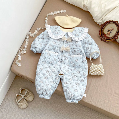 アウタージャンプスーツ Blue / 80cm 9-12M ベビーアウタージャンプスーツ レース襟リボンフラワープリントキルティング裏フリース長袖ボディスーツ【mh0007629】