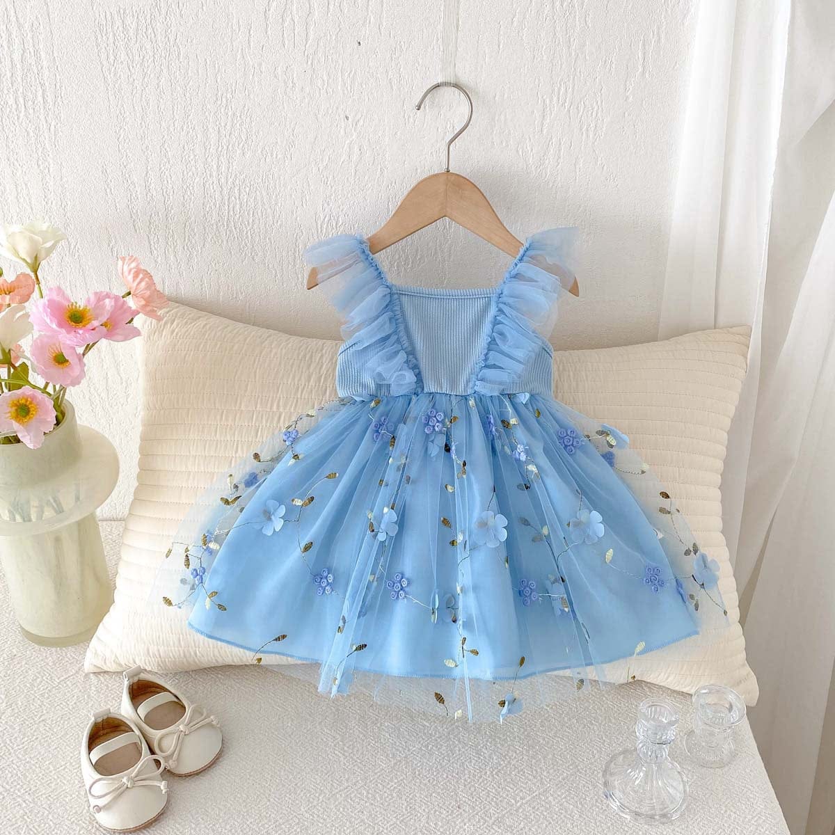 ノースリーブワンピース Blue / 80cm フラワー刺繍チュールスカートバタフライスリーブドレスワンピース【mh0009769】