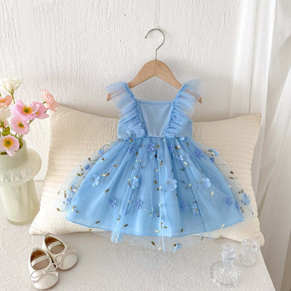 ノースリーブワンピース Blue / 80cm フラワー刺繍チュールスカートバタフライスリーブドレスワンピース【mh0009769】