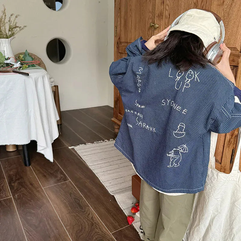 長袖シャツ・ブラウス blue / 90cm キッズトップス シャツジャケット 長袖オーバーシャツ レターロゴ刺繍 水玉ドットプリント ブルー