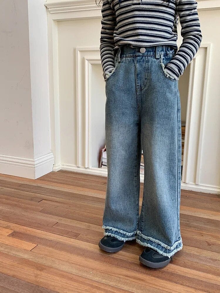 デニムパンツ Blue / 90cm キッズ デニムパンツ ジーンズ フリンジ ルーズワイドパンツ ストレート ジーパン ブルー ユニセックス 男の子 女の子 子供服
