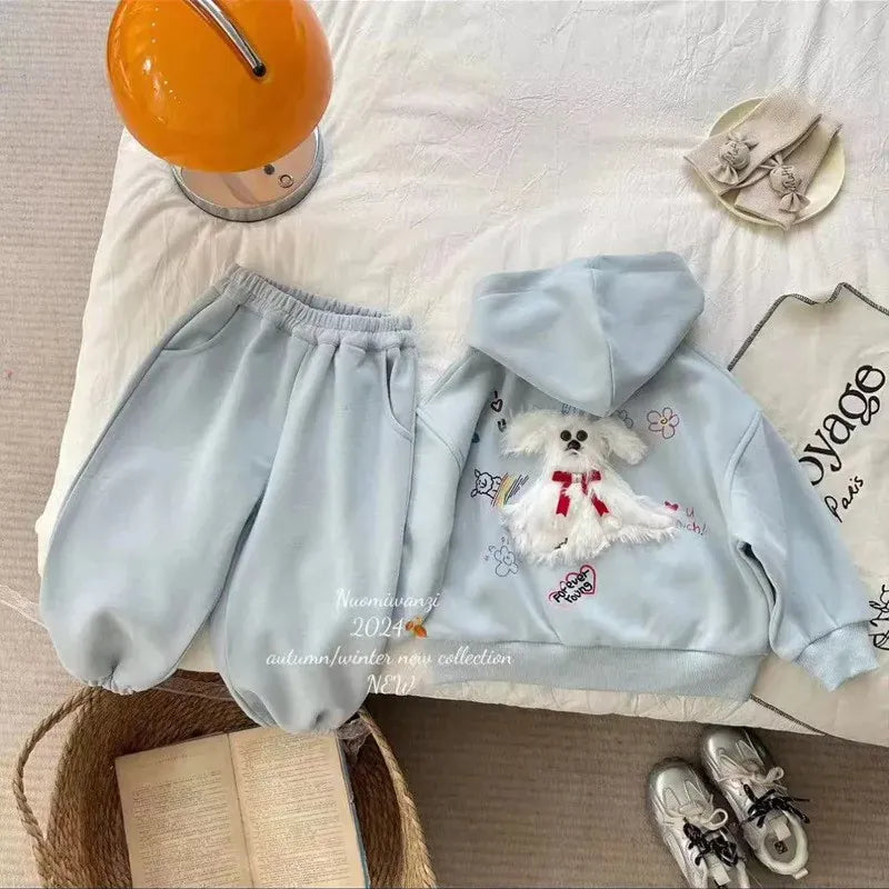 長袖セットアップ Blue / 90cm 1-2y キッズセットアップ 2点セット バックアニマルアップリケジップアップフーディスウェットジャケット+ロングスウェットパンツ【mh0007662】