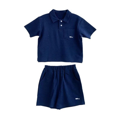 半袖セットアップ Blue / 90cm キッズセットアップ 2点セット 半袖ポロシャツ+ショートパンツ ワンポイント刺繍 3カラー【mh0006033】
