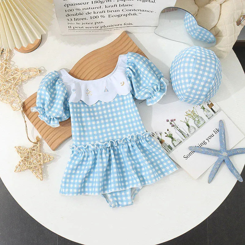 ベビー用水着 Blue / 90cm キッズ水着 帽子セット 半袖ワンピース パフスリーブ チェック スカート スイムウェア 2カラー【mh0005131】
