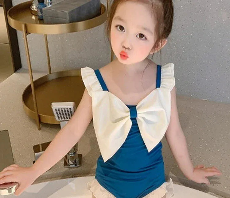 ベビー用水着 Blue / 90cm キッズ水着 ガールズ ワンピース+帽子セット ビッグリボン スイムウェア 2カラー【mh0005977】