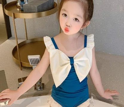 ベビー用水着 Blue / 90cm キッズ水着 ガールズ ワンピース+帽子セット ビッグリボン スイムウェア 2カラー【mh0005977】