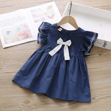 半袖ワンピース Blue / 90cm キッズワンピース 半袖フリルスリーブマリンワンピース リボン 2カラー【mh0006112】