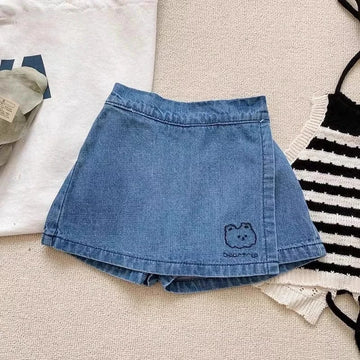 ハーフパンツ・ショートパンツ blue / 90cm / 取り寄せ（3〜14日） ☺︎ キッズパンツ デニム ラップスカート パンツインスカート ワンポイント刺繍