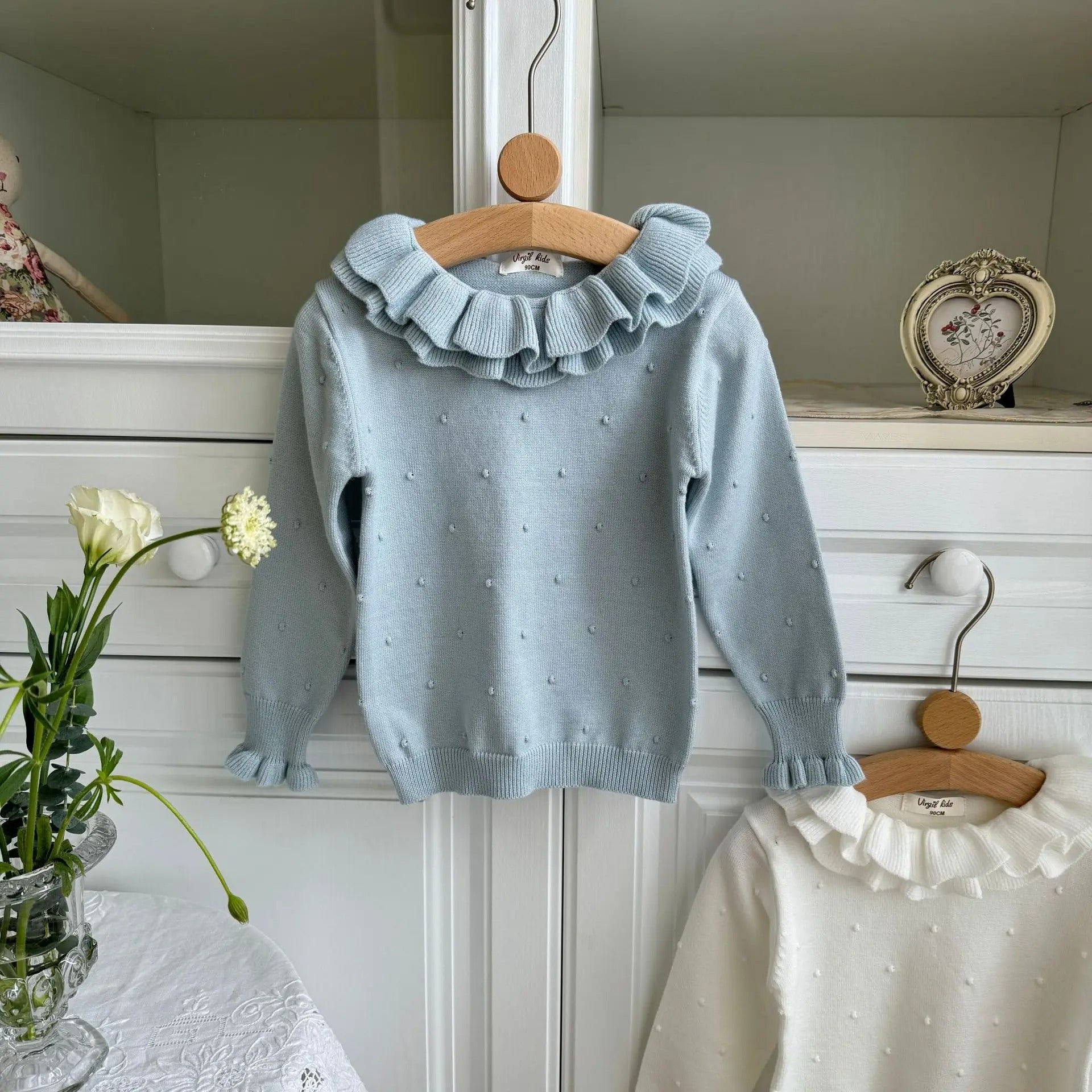 ニット・セーター blue / 90cm キッズ 長袖カットソー ニット ダブルフリルカラー セーター トップス 4カラー ガールズ 女の子 子供服
