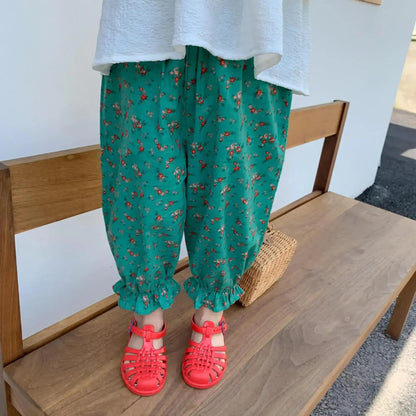 ロングパンツ・スウェットパンツ Blue / 90cm キッズパンツ サマールーズパンツ パフパンツ チェック/水玉ドット/フラワー花柄プリント 4カラー【mh0006107】