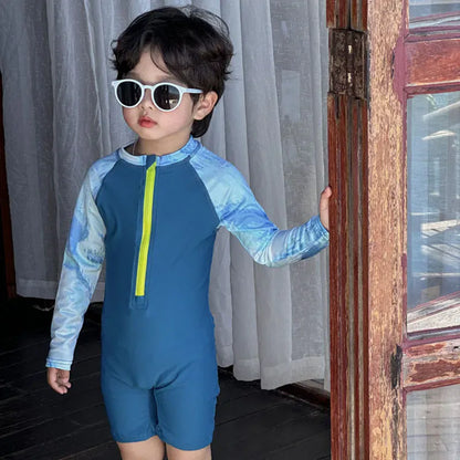 ベビー用水着 Blue / 90cm キッズ水着 長袖ラッシュガード つなぎ ワンピース スイムウェア ブルー【mh0005112】
