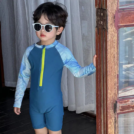 ベビー用水着 Blue / 90cm キッズ水着 長袖ラッシュガード つなぎ ワンピース スイムウェア ブルー【mh0005112】