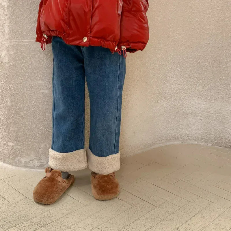 デニムパンツ Blue / 90cm キッズパンツ 裾ボアフリースデニムロングパンツジーンズジーパン【mh0007475】