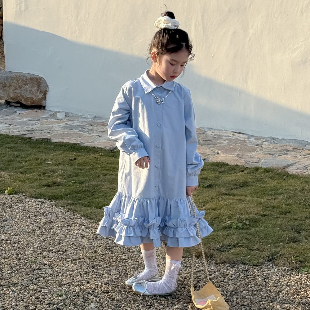 長袖ワンピース Blue / 90cm キッズワンピース 襟付き裾フリル長袖シャツワンピース【mh0009190】