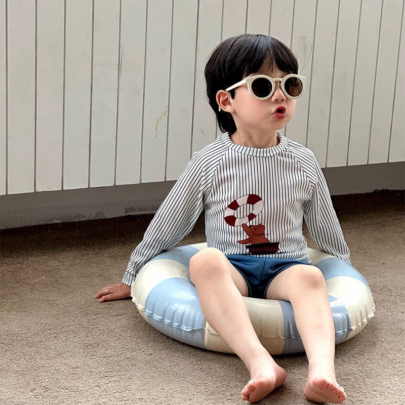 ベビー用水着 Blue / 90cm ボーイズ水着 ストライプ長袖トップス+ショートパンツスイムウェア【mh0010219】