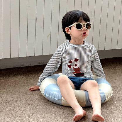 ベビー用水着 Blue / 90cm ボーイズ水着 ストライプ長袖トップス+ショートパンツスイムウェア【mh0010219】