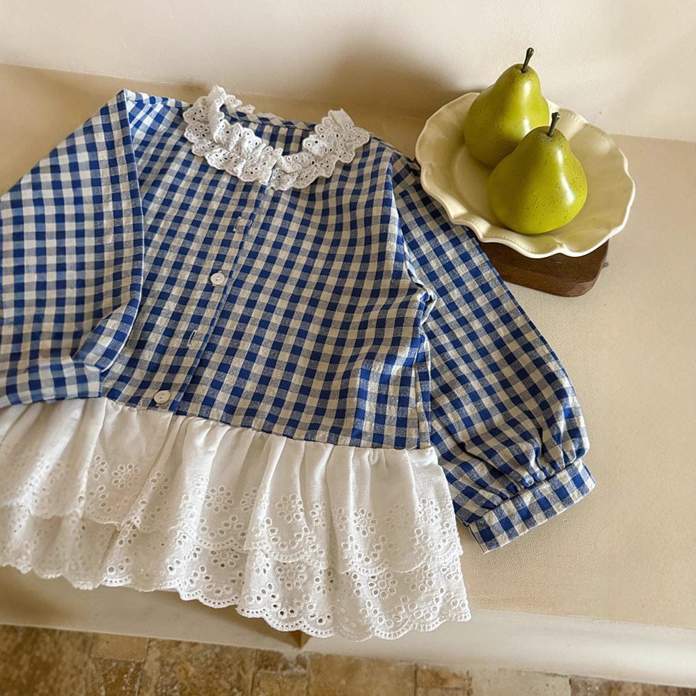 長袖シャツ・ブラウス Blue / 90cm ペプラムレースフリルチェック長袖ブラウス【mh0010564】