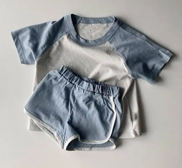 半袖セットアップ blue / 9M  73cm キッズセットアップ 2点セット パッチワーク カラフル 半袖Tシャツ+ショートパンツ ユニセックス