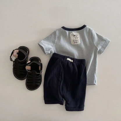 半袖セットアップ Blue / 9M  73CM ベビーセットアップ 2点セット 半袖Tシャツ+ショートパンツ ラビット バニーロゴワンポイント 3カラー【mh0004845】