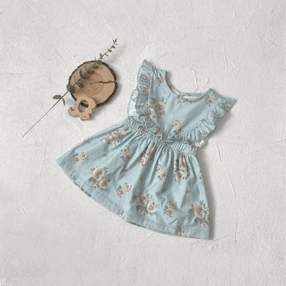 ノースリーブワンピース blue / 9M  73cm / 取り寄せ（7〜30日） ベビーワンピース フラワープリントフリルショルダーノースリーブコーデュロイエプロンドレスワンピース 2カラー