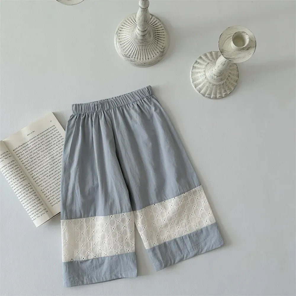 ロングパンツ・スウェットパンツ Blue / 9M  73CM ベビーパンツ レースパッチワーク切り替えワイドルーズパンツ【mh0008539】