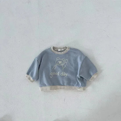 トレーナー・フーディ Blue / 9M  73CM ベビートップス ベアくまプリントバイカラー長袖スウェットシャツ【mh0008786】