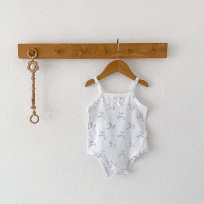 ノースリーブロンパース Blue / 9M 80cm ベビーロンパース キャミソールボディスーツ リボン ボタニカルプリント柄 肌着【mh0005701】